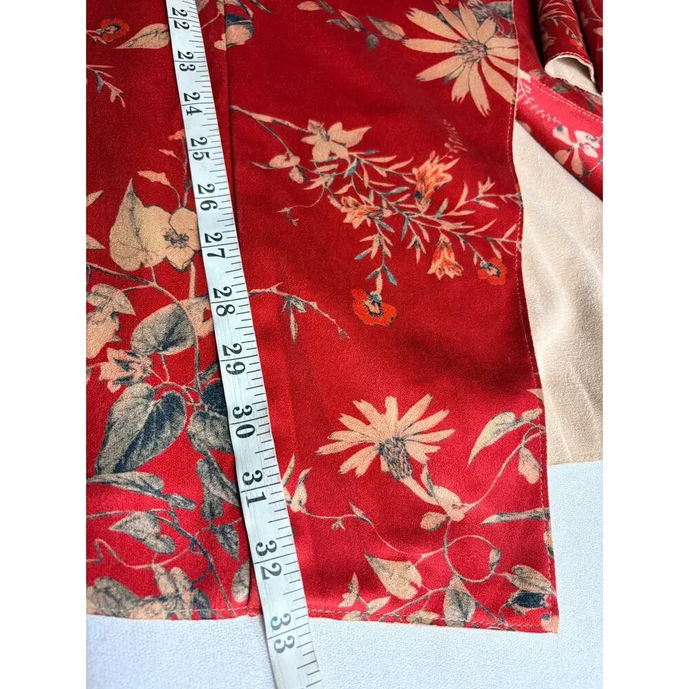 Solitaire Faux Suede Open Front Cardigan Orange Red Floral Size M